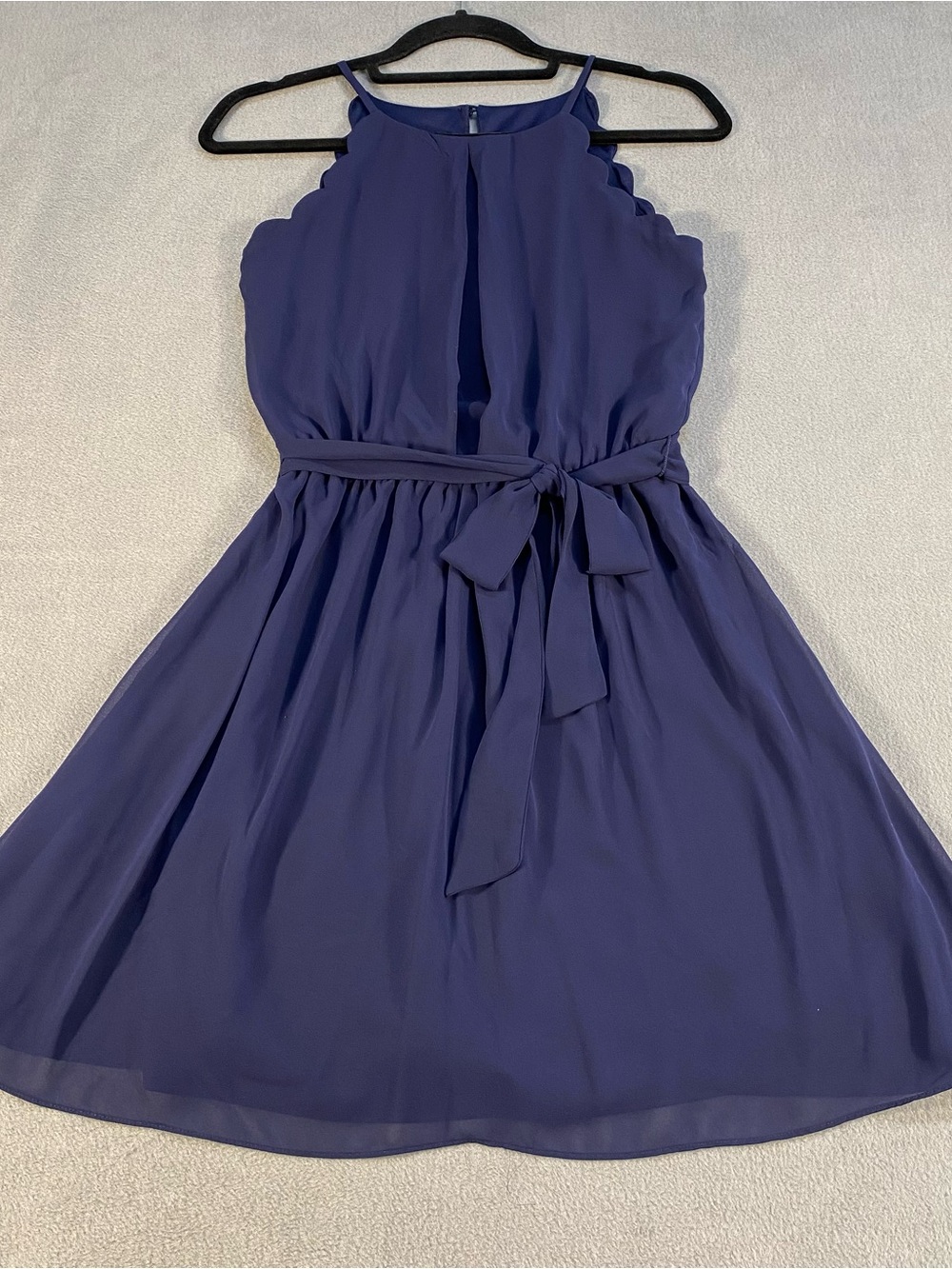 BCX Dress Juniors Scalloped Halter Mini Dress in Navy Blue, lined,tie at waist,S